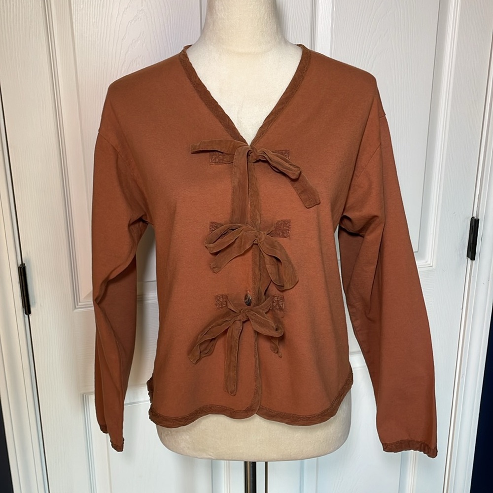 Auditorium (brand) Rust Tie & Button Front Shirt Embroidered Fish Embellishment